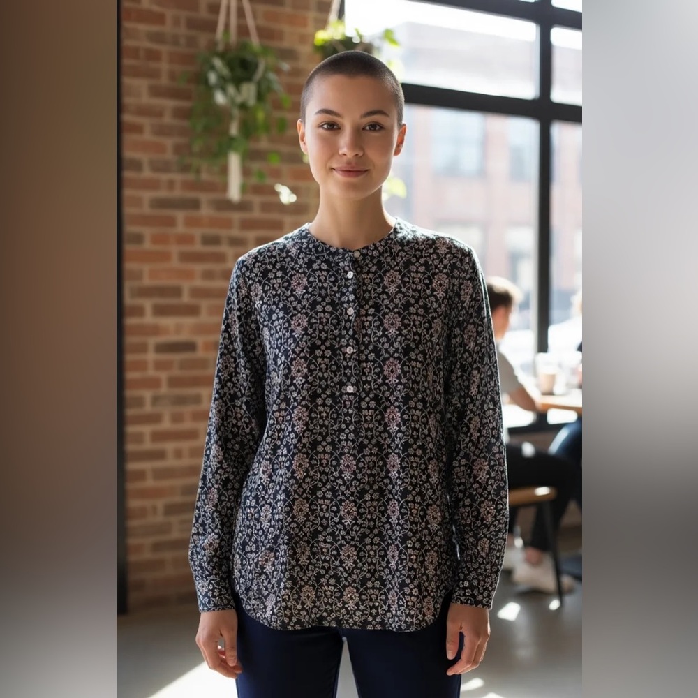LOFT Blue and Red Blouse with Mandarin Collar